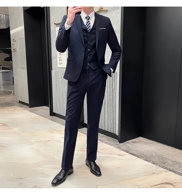 Men's Three-Piece Slim Fit Suit – England Style, Business Casual & Wedding, Navy/Black/Grey