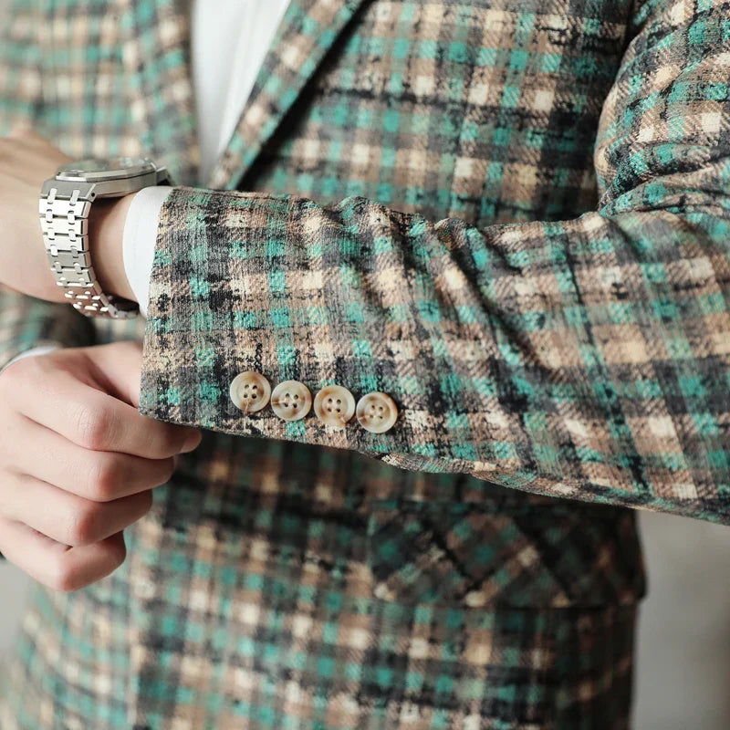 British Style Plaid Woven Casual Suit Jacket for Men Slim Fit Business Social Dress Coats Wedding Party Banquet Office Blazers