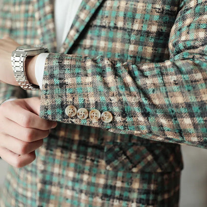 British Style Plaid Woven Casual Suit Jacket for Men Slim Fit Business Social Dress Coats Wedding Party Banquet Office Blazers