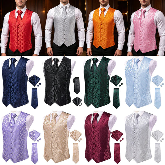 Men's Vest Tropical Plant Jacquard 4-Piece Set for Weddings & Banquets – Orange Blue Black