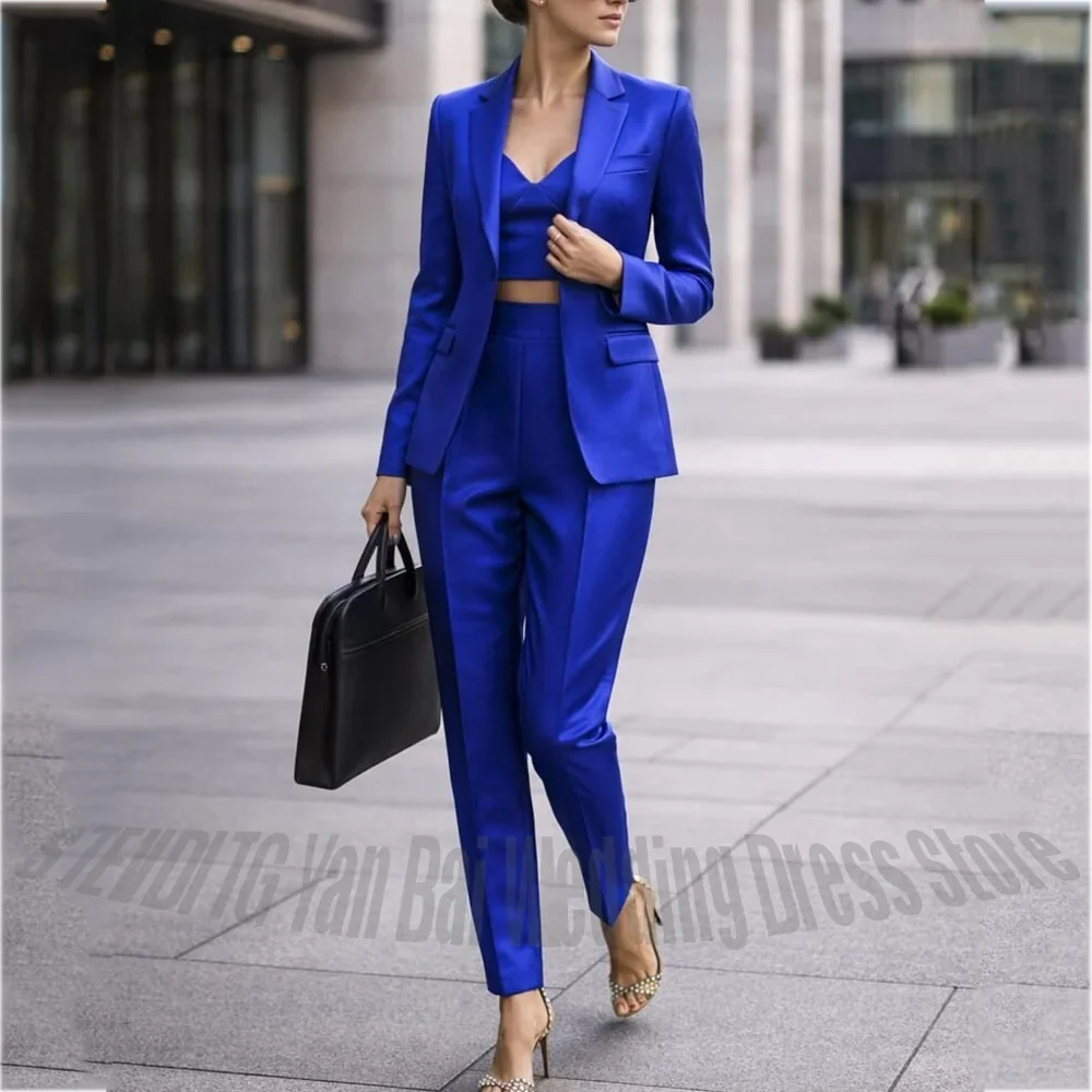 Royal Blue Satin Women 2 Piece Suit Notch Lapel Blazer Pants Slim Office Business Formal Work Outfit Elegant Female Clothing