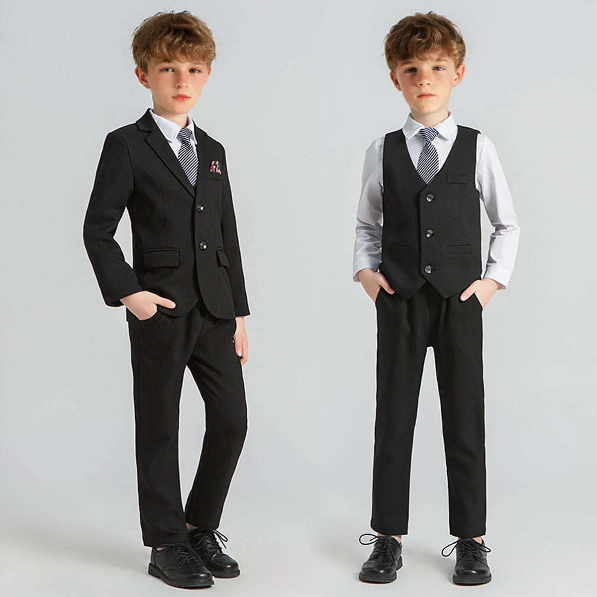 Kids Spring Autumn Striped Suit Set Flower Boys Wedding Outfit 1-11Years Children's Blazer Vest Pants Tie 4Pieces Clothes Set