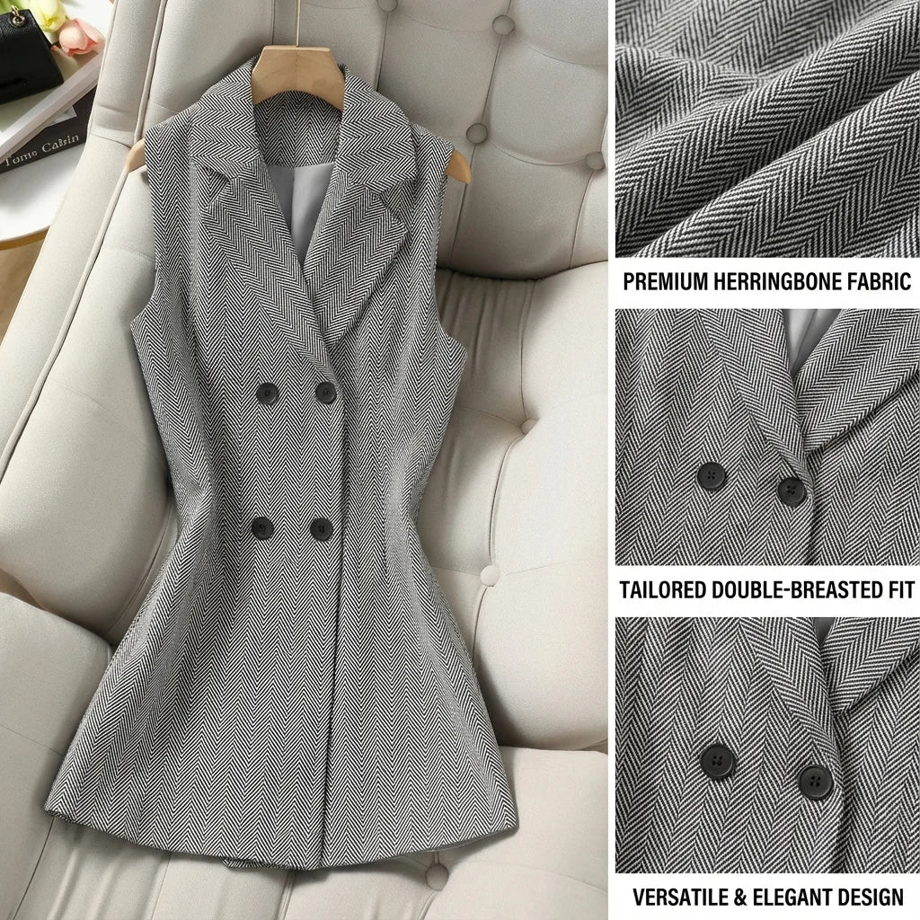 Vintage Women's Herringbone Double-Breasted Blazer Vest, Sleeveless Notched Lapel Long Waistcoat, Elegant Office Work Suit Vest