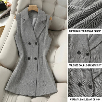 Vintage Women's Herringbone Double-Breasted Blazer Vest, Sleeveless Notched Lapel Long Waistcoat, Elegant Office Work Suit Vest
