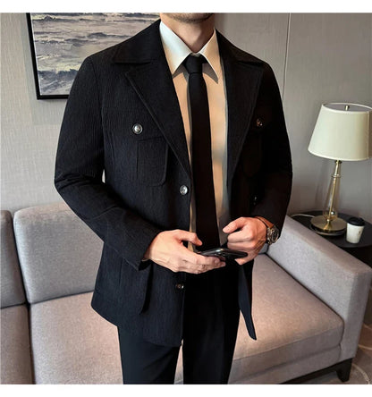 Autumn Winter Corduroy Medium Long Hunting Jacket Men's Fashion Thick Suit Jacket Casual Business Blazers Social Streetwear 2025