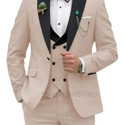 Costume 3 pièces homme – Tuxedo de marié, costumes d'affaires, blazer coupe ajustée, gilet croisé et pantalon pour mariage ou soirée