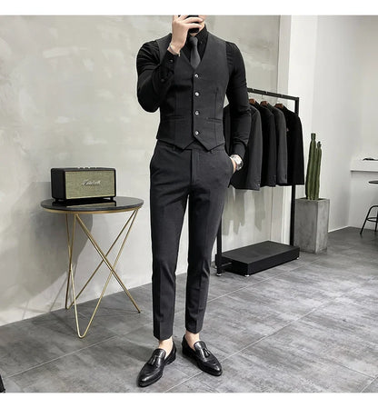 (Jacket +Vest+Pants) Plus Size 7XL-S Men Korean Slim Fit Groom Wedding Business Casual Tuxedo Mens Work Social Suit 3 Pieces