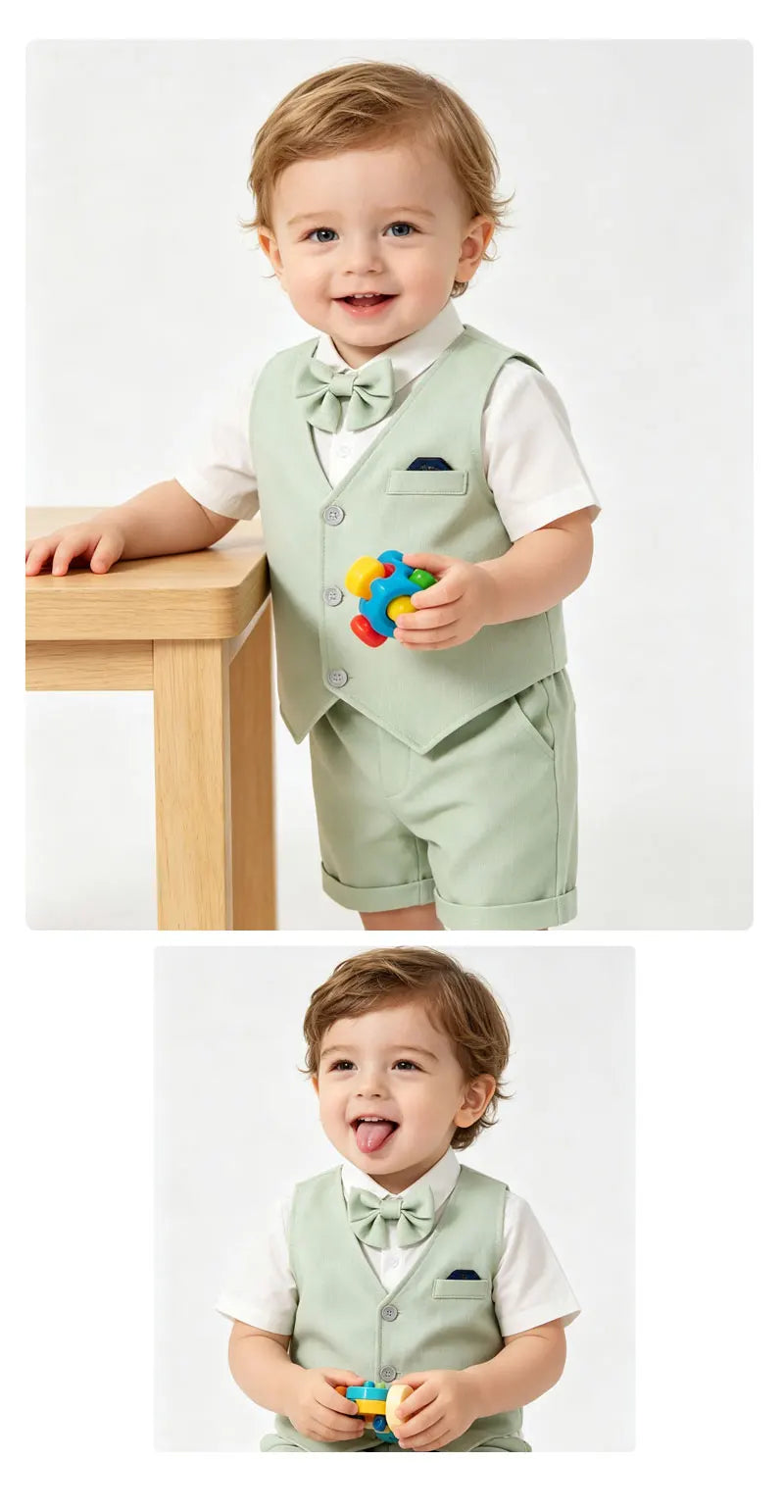 Baby Boys Sage Green Vest Short Sleeve Shirt Bow Tie Shorts 4pcs Clothes Set Kids Wedding Birthday Gentleman Formal Suit Set