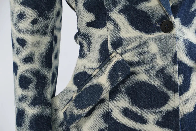 2026 Spring Autumn New Women's Blazer Tie-dye Single Button Pockets Waist Cinching Elegant Coats Retro Denim Jacket HK18495