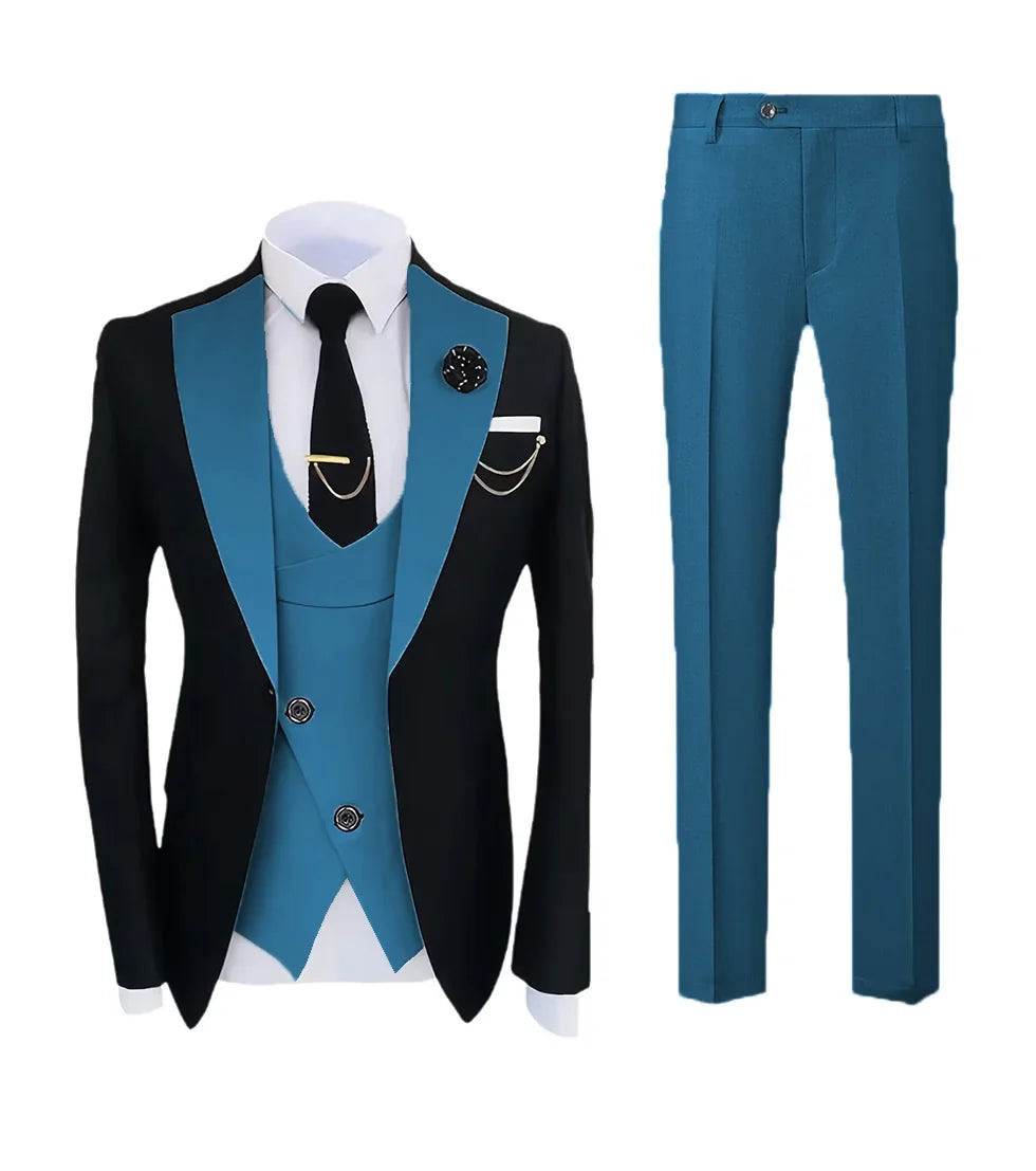 Mens Pant Suit Classic Contrast Flat Collar Blazer Jacket Slant-breasted Vest Trousers 3 Piece Set for Wedding Groom Groomsmen