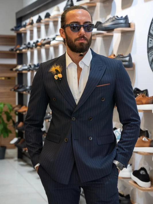 Navy Blue Stripped Suit Set 2 pieces Jacket Pants For Men Business office Outfit Double Breasted Men's Tuxedo Dancing Wear