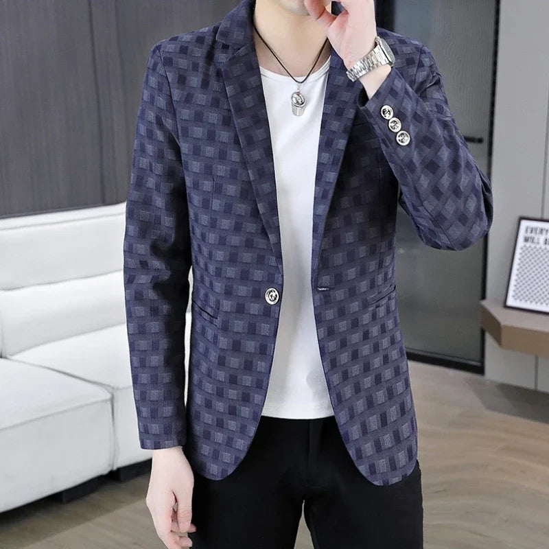 2026 Spring Autumn Men's Suit Jacket Korean Checkered Suit Jackets Slim Fit Fashion Casual Business Formal Blazers Costume Homme