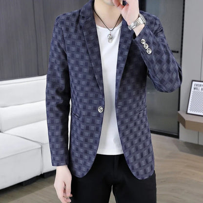 2026 Spring Autumn Men's Suit Jacket Korean Checkered Suit Jackets Slim Fit Fashion Casual Business Formal Blazers Costume Homme