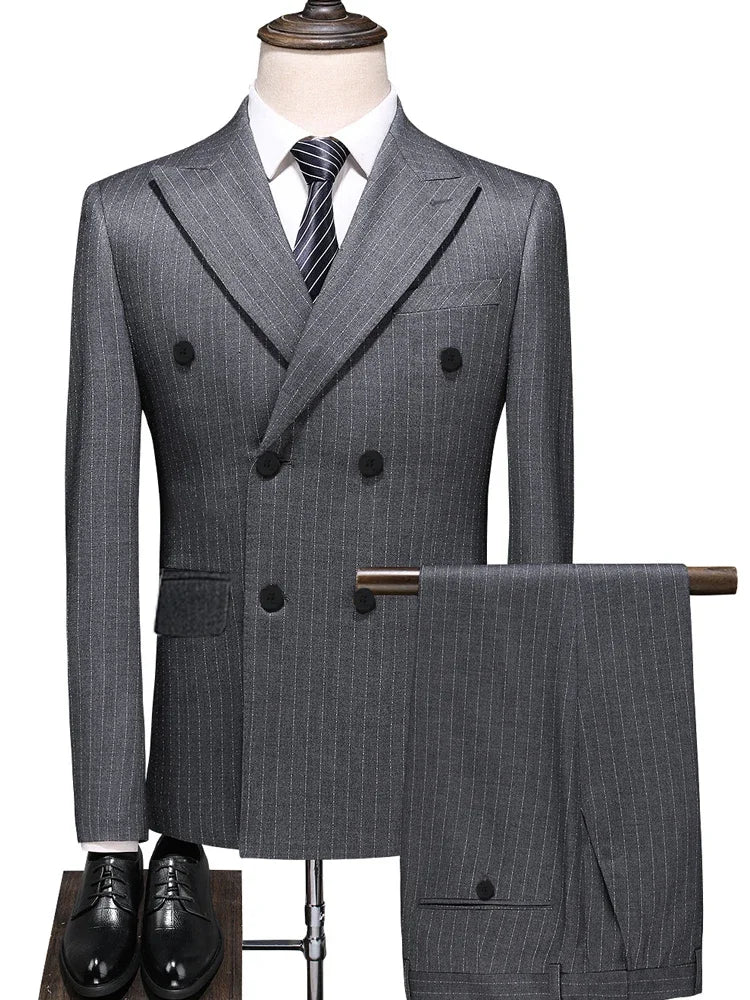 Men's Double-Breasted Slim Fit Striped Suit Set for Business, Casual & Wedding Occasions