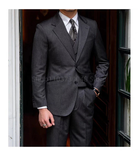 Elegant Dark Gray Men's Suits Gentleman Business British Suits Set Banquet Host Casual Wedding Business Suits(Blazer+Vest+Pants)