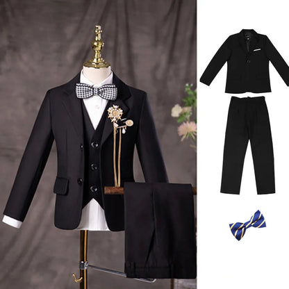 Flower Boys Black Wedding Suit Kids Jakcet Vest Pants 3PC Formal Birthday Set Children Graduation Photograph Performance Costume