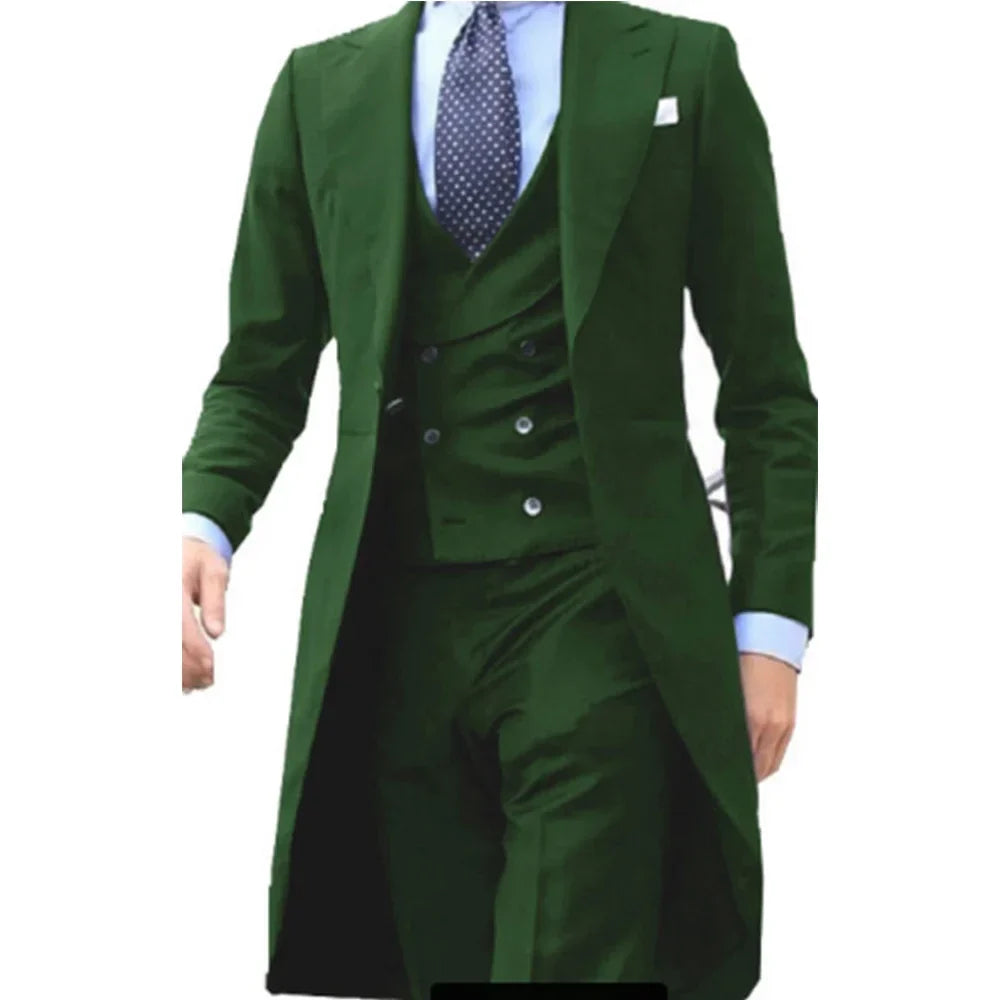 New Arrivel Long Coat Designs Chinese Red Men Suits Gentle Tuxedo Prom Blazer Custom 3 Pieces (Jacket+Vest+Pants)