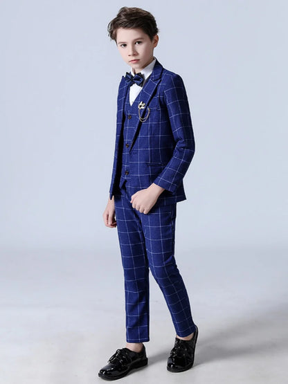 Blue Elegant Plaid Suit Set 5 Pieces Piano Performance Outfit Handsome Smart Boys Slim Fit Suits Banquet Party Wear 110-160cm