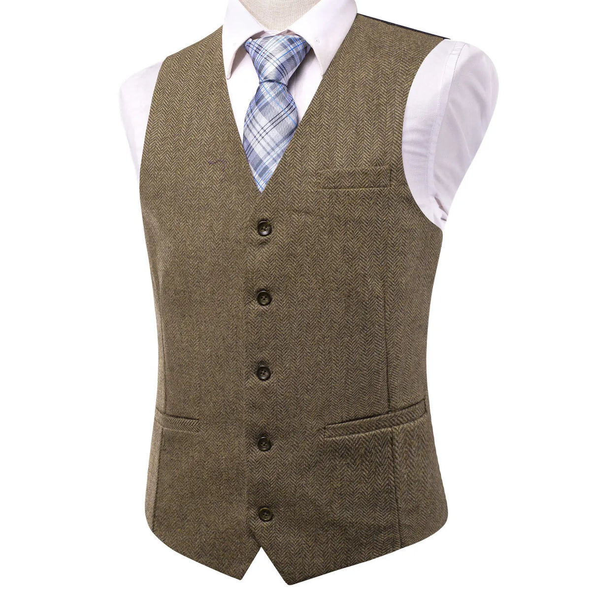 Men's Suit Vest Herringbone V-Neck Single Breasted Brown Green Banquet Wedding