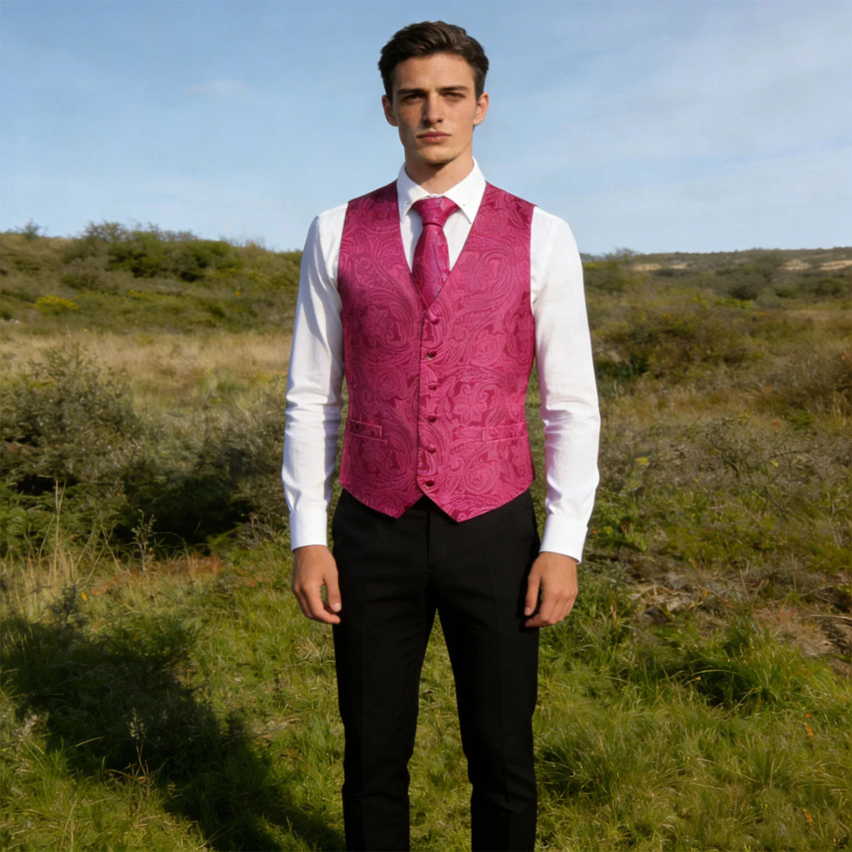 Men's Vest Set with Floral Tie Hanky and Cufflinks – Rose Pink Formal Waistcoat for Weddings and Banquets