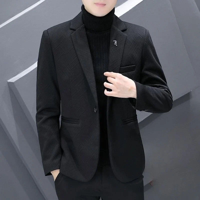 Men's Autumn Winter Fleece-Lined Slim Fit Casual Blazer Korean Style Solid Color Thick Warm Youth Fashion Suit Jacket