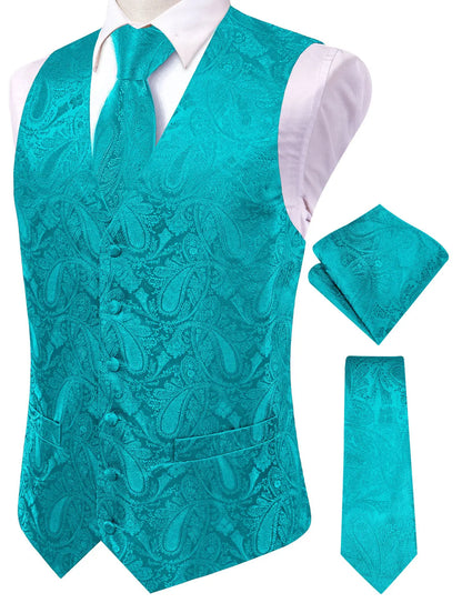 Men's Paisley Jacquard Suit Vest – V-Neck 6-Button Waistcoat with Tie & Pocket Square for Weddings