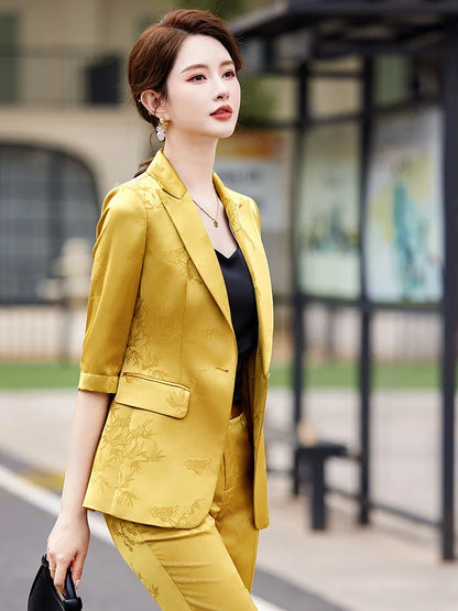 Two-piece Sets of Pants and Blazer for Women Printed Suit for Female Elegant Clothing with Acetate Yellow Khaki Spring Summer