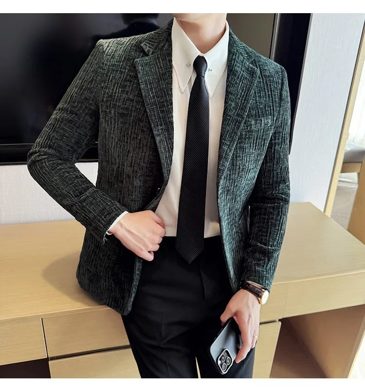 2025 Winter Chenier Thick Suit Jacket for Men Korean Slim Fit Casual Business Men Blazers Wedding Groom Office Social Dress Coat