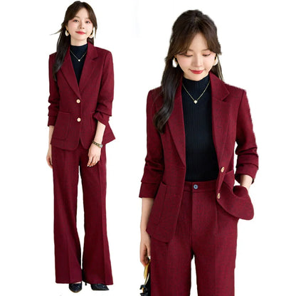 High Quality Fabric Velvet Autumn Winter Women Business Work Wear Suits Pantsuits Formal OL Styles Professional Trousers Set