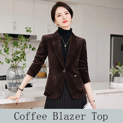 Autumn and Winter Blazer Women's Corduroy New Long Sleeve Professional Blazer Women's Coat Office Female Blazers Jacket Coat