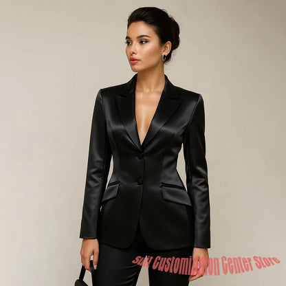 Professional Women’s Black Satin Suit Two Piece (Jacket+Pants) Set for Elegant Formal Party Office Streetwear Fashion Outfit