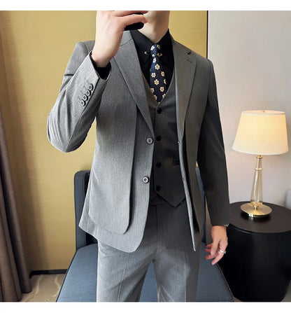 British Style Fake Two-piece Suit Set Men's Wedding Groom Dress 3 Piece Set Suit Vest Trousers Slim Office Business Casual Suits