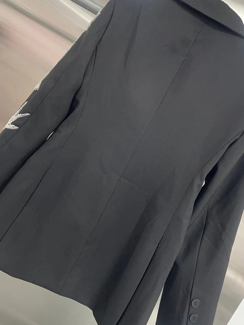 Elegant Black Suit Jacket Women Fashion Beaded Embroidery Designer Single Button New Office Ladies Banquet Luxury Blazers Coat