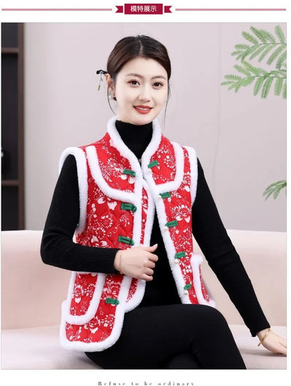 Middle-aged Mother Add Velvet Warm Vest Coat Autumn Winter New Printed Fleece Sleeveless Jacket Grandma Thicken Warm Waistcoat