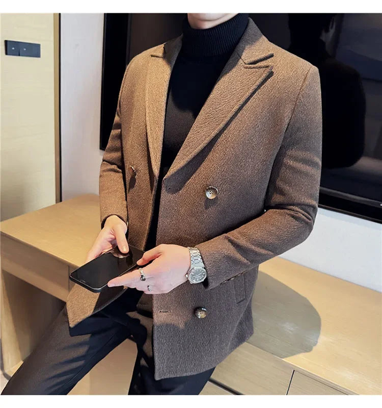 British Style Autumn Winter Thick Double Breasted Woolen Coats High Quality Men Business Casual Warm Suit Jackets Men Clothing