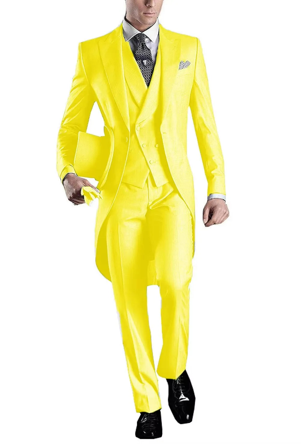 Men's 3-Piece Solid Long Tailcoat Tuxedo Set Formal Wedding Groom Clothing Jacket Pants Vest for Prom Party Fashion Male Suits