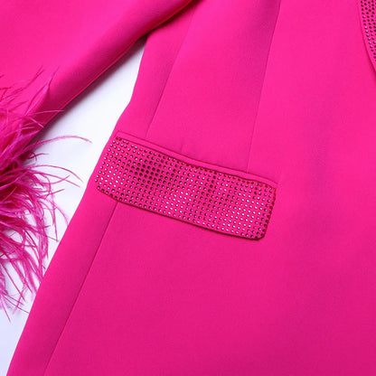 Spring Autumn New Women Blazer Turn-down Collar Studded Diamonds Single Button Cuff Spliced Feather Luxury Ins Coat HK16316