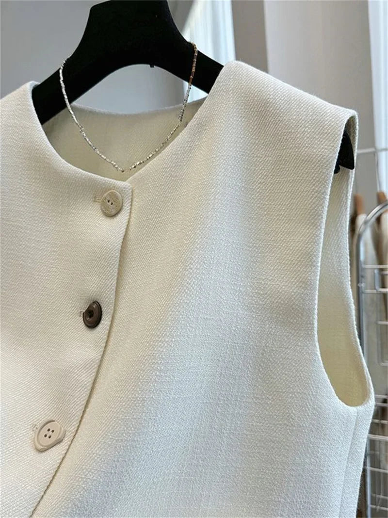 French Femme High End Waistcoat Tops Outwear Women Fashion Round Neck Sleeveless Jacket Spring Autumn Lady Solid Color Vest Coat