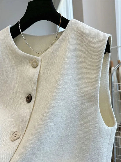 French Femme High End Waistcoat Tops Outwear Women Fashion Round Neck Sleeveless Jacket Spring Autumn Lady Solid Color Vest Coat