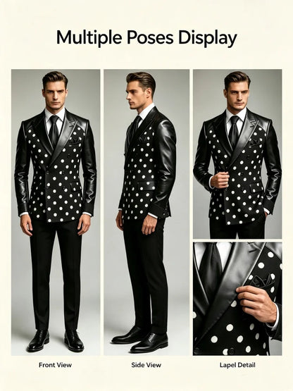 Men's Polka Dot Double Breasted Casual Business Blazer Leather Sleeve Slim Fit Suit Jacket Fashion Party Office Formal Outerwear