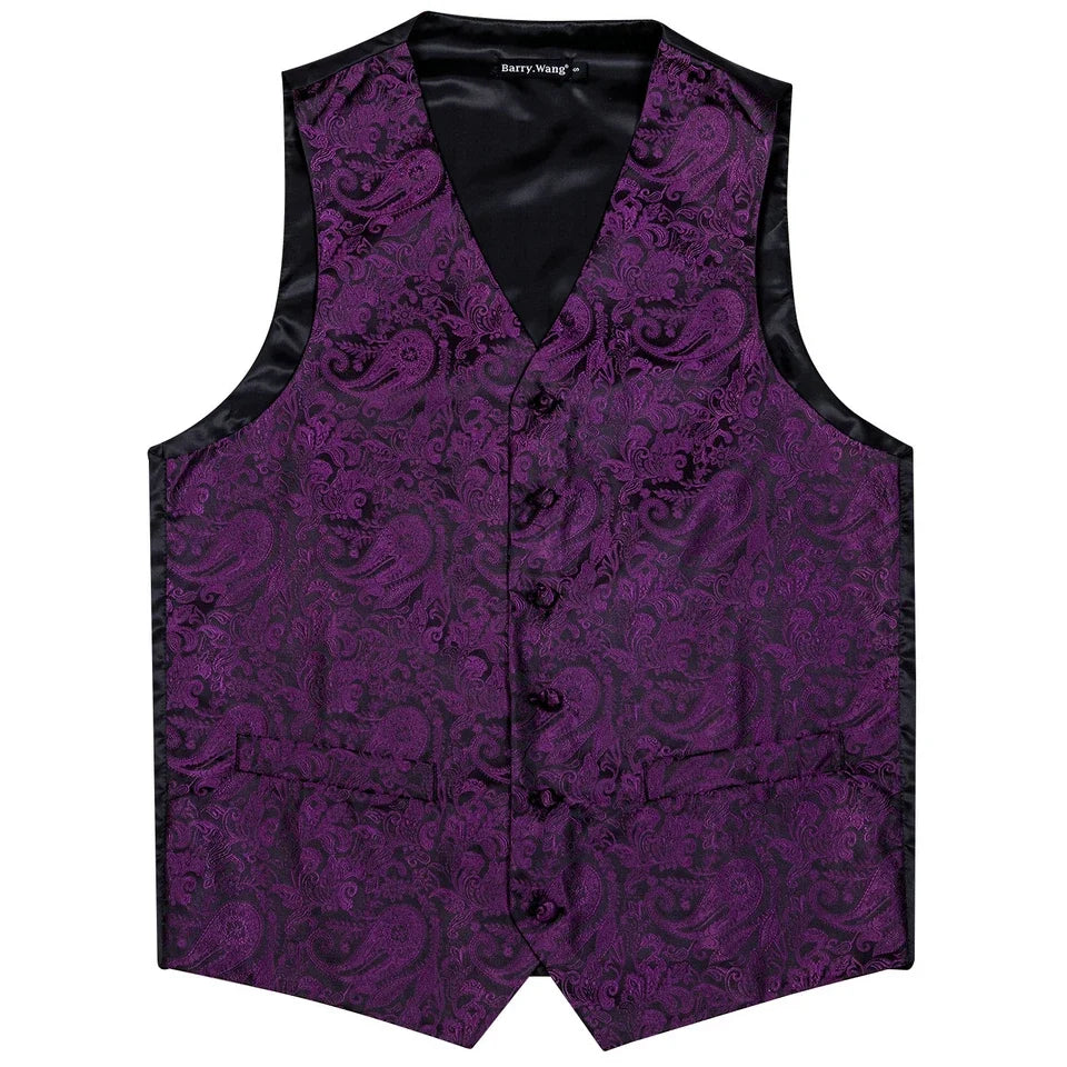 Men's Waistcoat Purple Embroidered Silk Vest with Tie and Pocket Square for Weddings and Formal Events