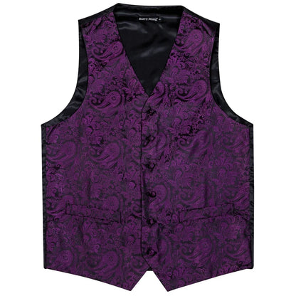 Men's Waistcoat Purple Embroidered Silk Vest with Tie and Pocket Square for Weddings and Formal Events