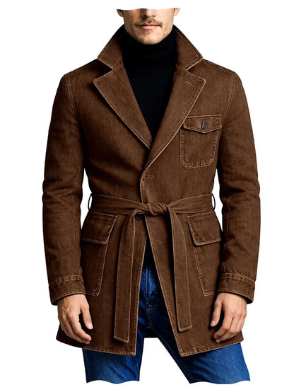 Men's Vintage Mid Length Belted Denim Trench Coat Notched Lapel Casual Workwear Outerwear Stylish Daily Streetwear Jacket