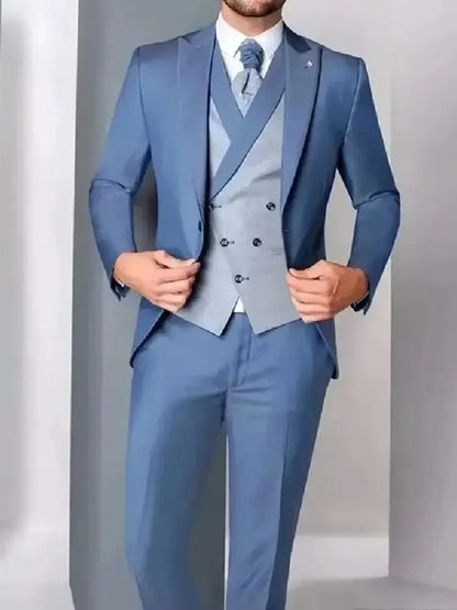 Blue Formal Business Men's Suits Custom Slim Fit Tuxedo Wedding Grooms Blazer 3 Piece Set Trajes Elegante Para Hombre