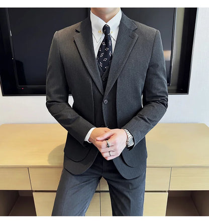 British Style Fake Two-piece Suit Set Men's Wedding Groom Dress 3 Piece Set Suit Vest Trousers Slim Office Business Casual Suits