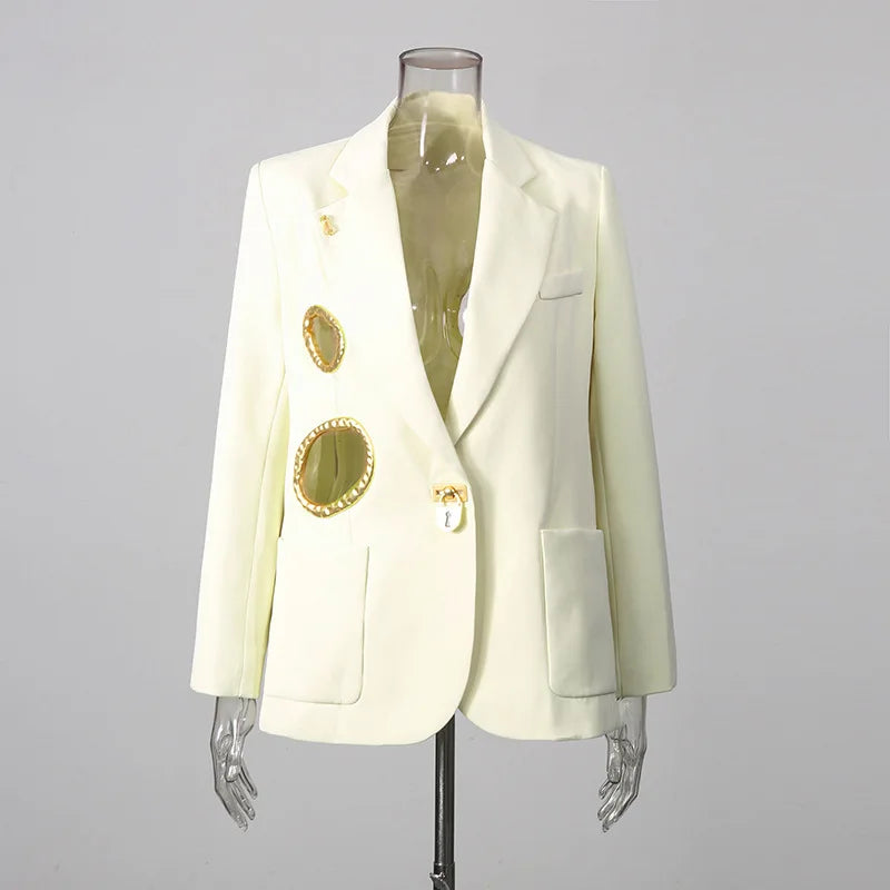 Women Blazer Elegant Fashion Metal Hollow Out Design Long Sleeve Loose Versatile Trendy Suit-Coat Spring Autumn New HK26606