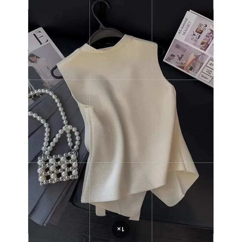Female Light luxury Waistcoat Tops Korean Ladies Fashion Solid Color Vest Coat Summer Women Lace V-neck Ribbon Knit Sleeveless