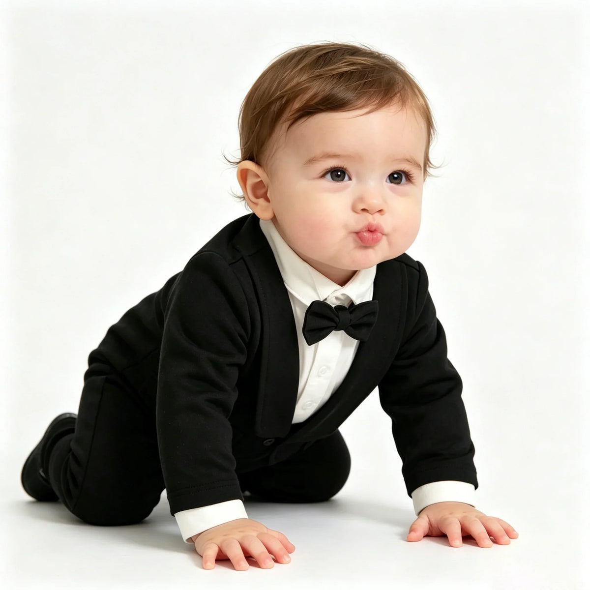 Toddler Baby Boy Black Tuxedo Romper Suit Fake Blazer Long Sleeve Jumpsuit With Bow Tie Wedding Baptism Gentleman Formal Outfit