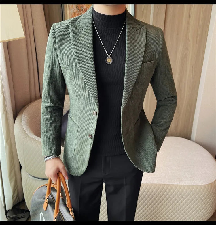 Men's Smart Casual Single Breasted Blazer – Spring Autumn Jacket in Green, Black & Coffee