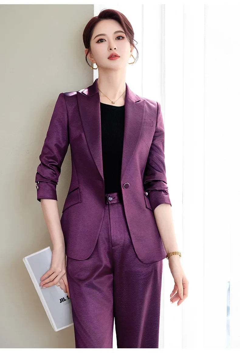 High Quality Women Purplish Red Pant Suit Female Solid Single Button Blazer and Trouser 2 Piece Set For Office Ladies Work Wear